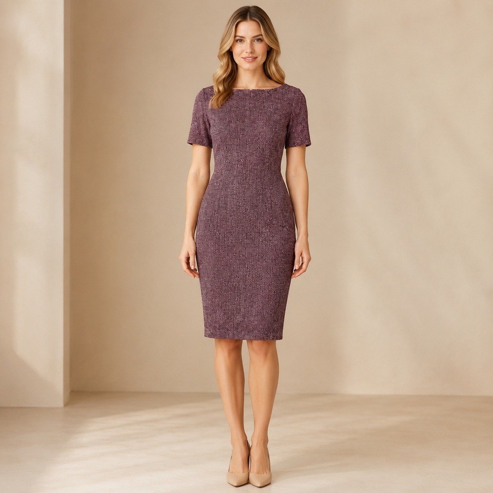 Maggy London Burgundy Textured Boat Neck Sheath Dress Short Sleeve Size 4